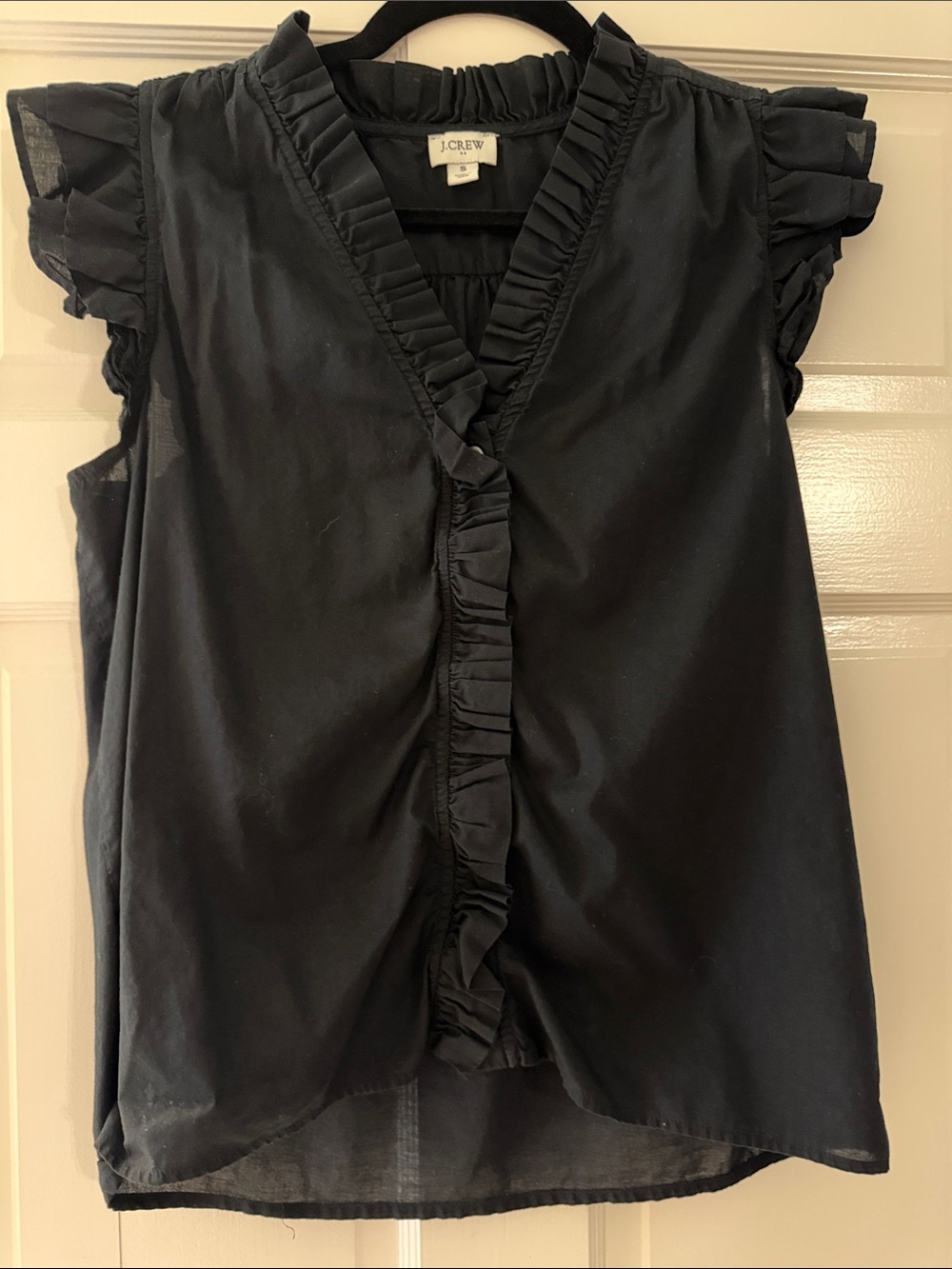 J. Crew Black Ruffle V-Neck Cap Sleeve Blouse